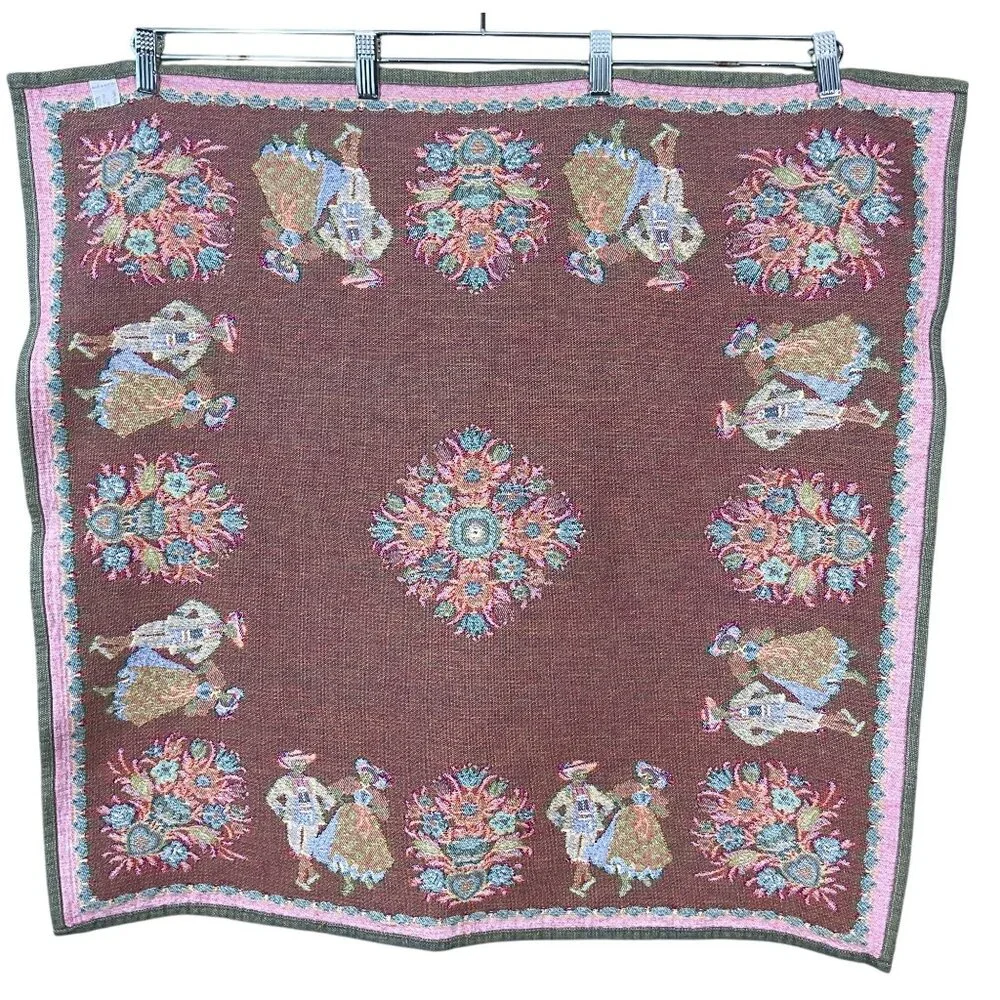 Vintage Jacquard Austrian Folk Art Square Tablecloth Bavarian Dancers Florals